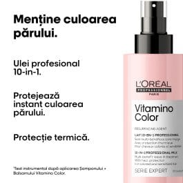 Lotiune de par 10 in 1 Spray L’Oreal Professionnel Serie Expert Vitamino Color, pentru ingrijirea parului vopsit, formula cu Resveratrol, cu protective termica pana la 230°, tehnologia antioxidanta, imbunatateste regenerarea fibrei, 190ml