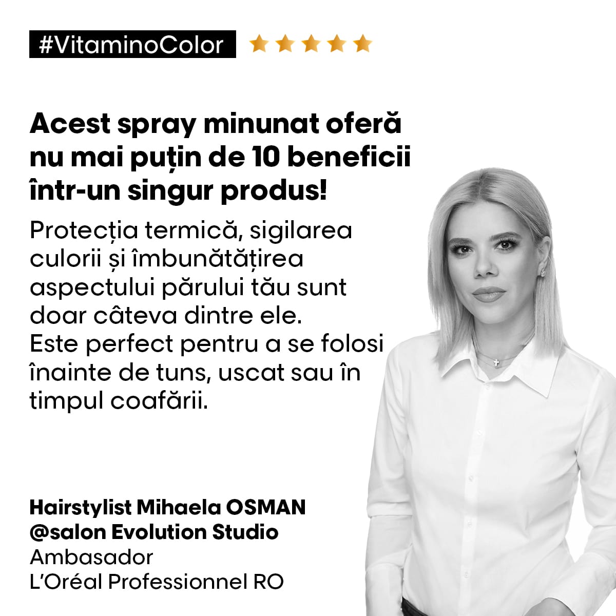 Lotiune de par 10 in 1 Spray L’Oreal Professionnel Serie Expert Vitamino Color, pentru ingrijirea parului vopsit, formula cu Resveratrol, cu protective termica pana la 230°, tehnologia antioxidanta, imbunatateste regenerarea fibrei, 190ml